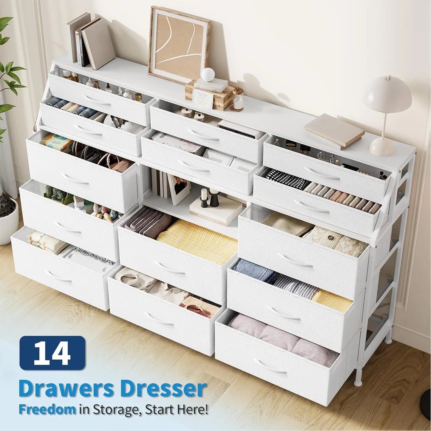 TWISTER.CK Fabric Chest of Drawers With Wooden Top and Metal Frame for Bedroom