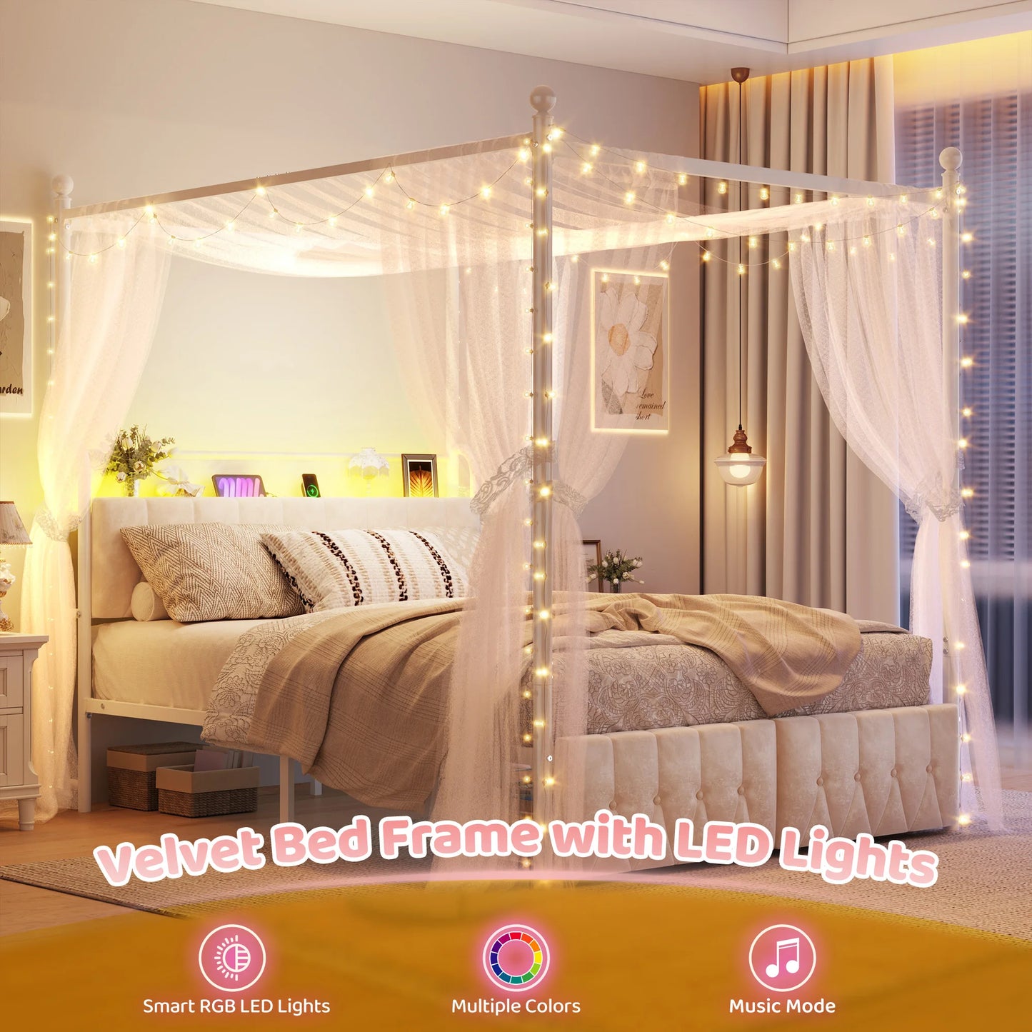 EnHomee Canopy Bed Frame With LED Lights And Charging Station