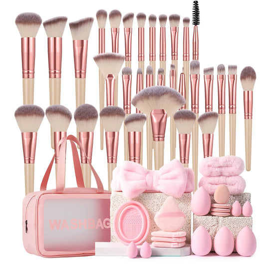 53pcs Makeup Brush Set With Sponges Puffs Travel Storage Bag
