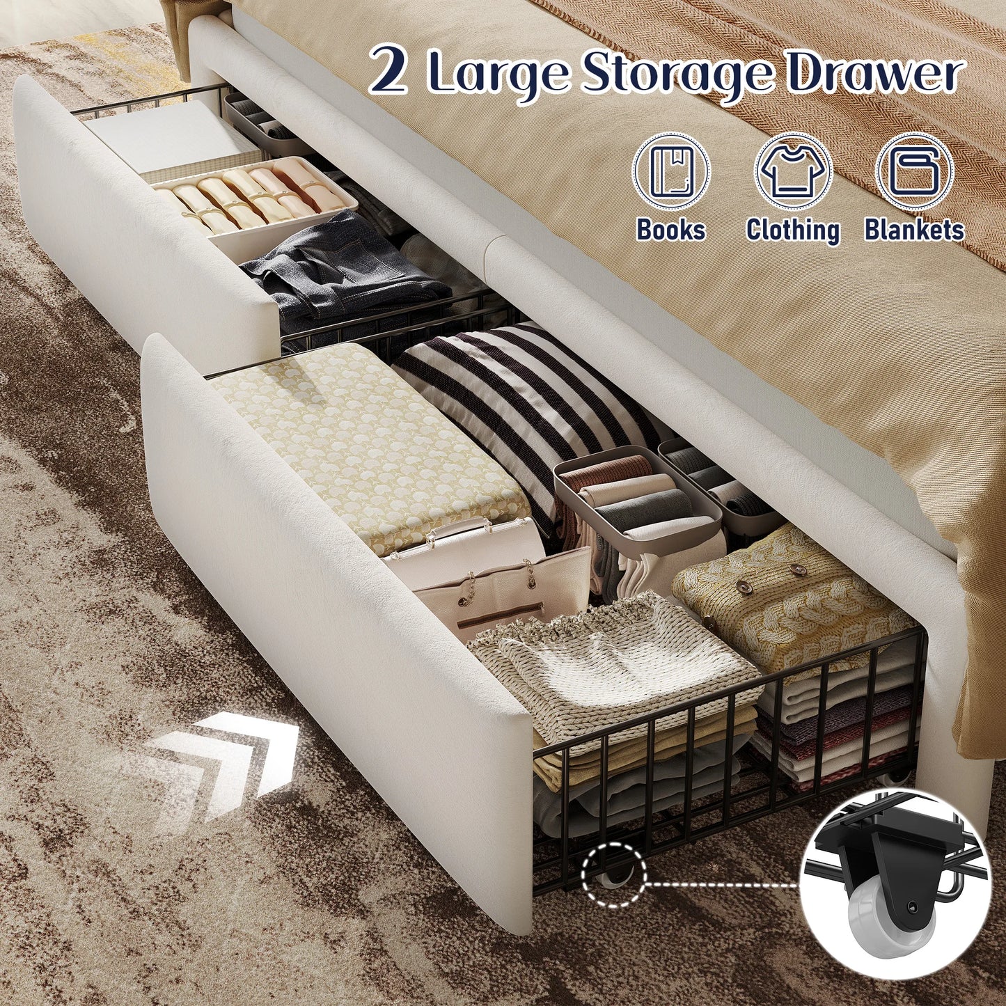 EnHomee Velvet Platform Bed Frame With Oversized Headboard And Storage Drawers