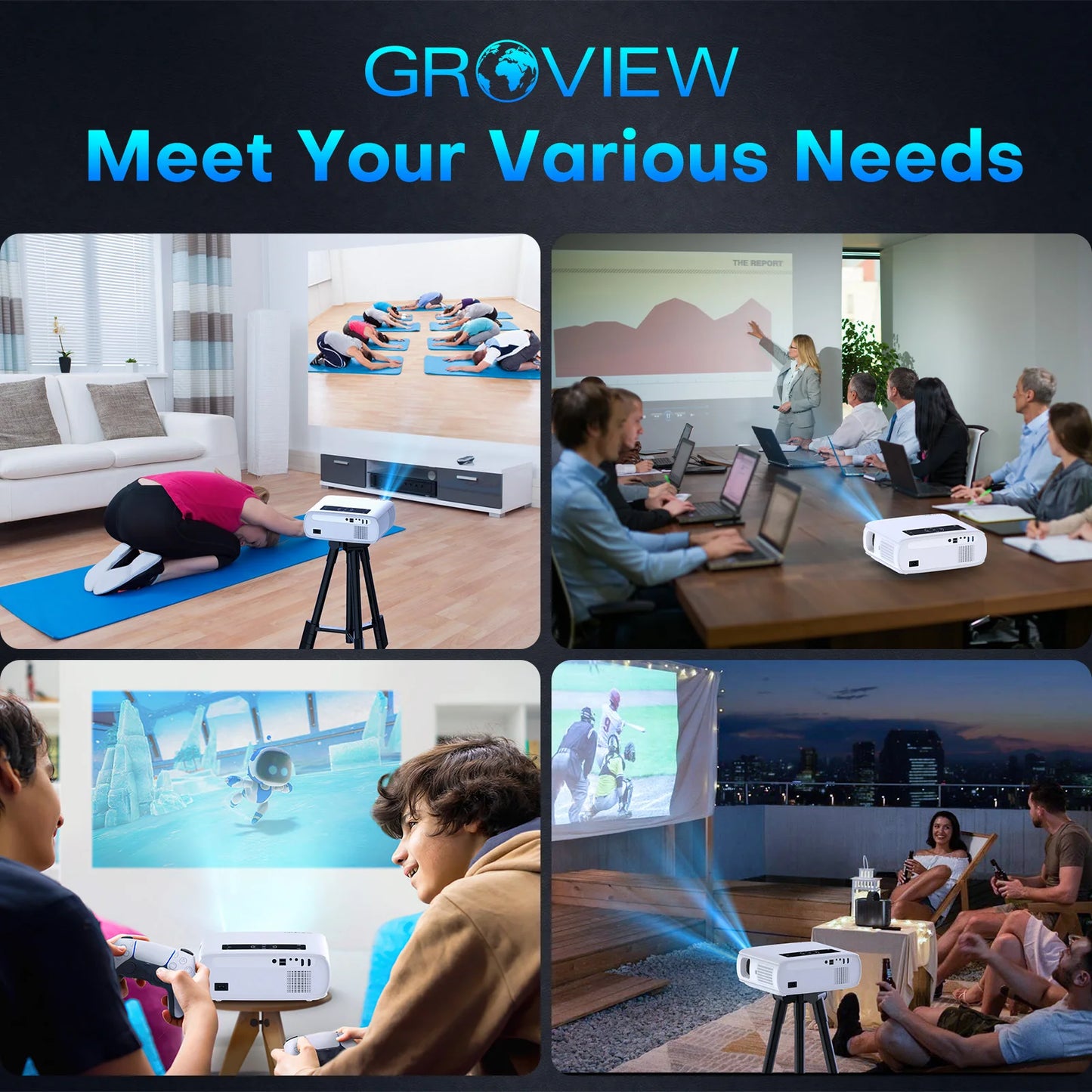 Groview 1080P Projector With WiFi Bluetooth 4K Support HDMI USB