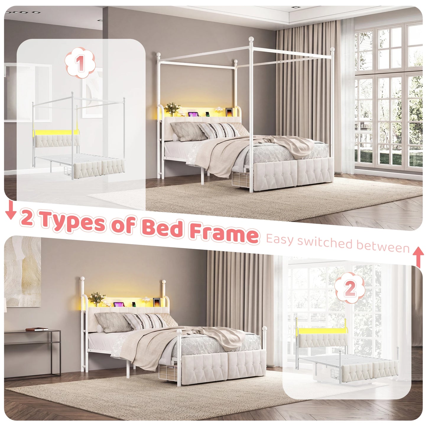 EnHomee Canopy Bed Frame With LED Lights And Charging Station