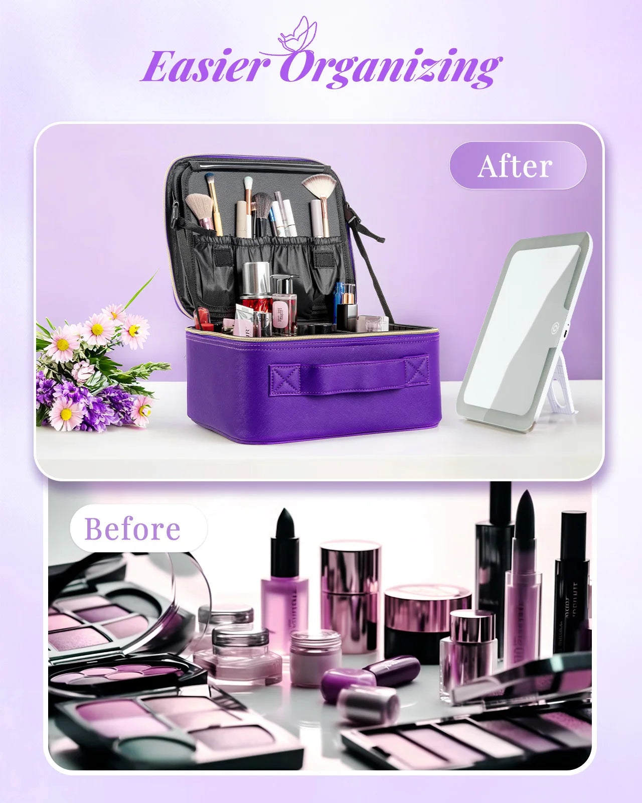 Portable Waterproof Leather Makeup Bag With Mirror And Lamp