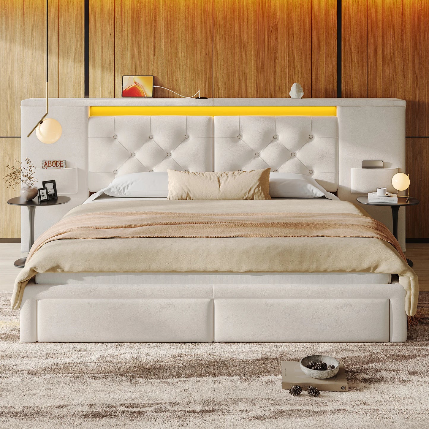 EnHomee Velvet Platform Bed Frame With Oversized Headboard And Storage Drawers