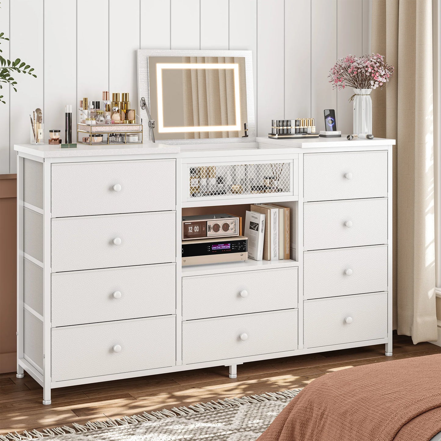 EnHomee 10 Drawer Dresser With Mirror RGB LED Lights USB