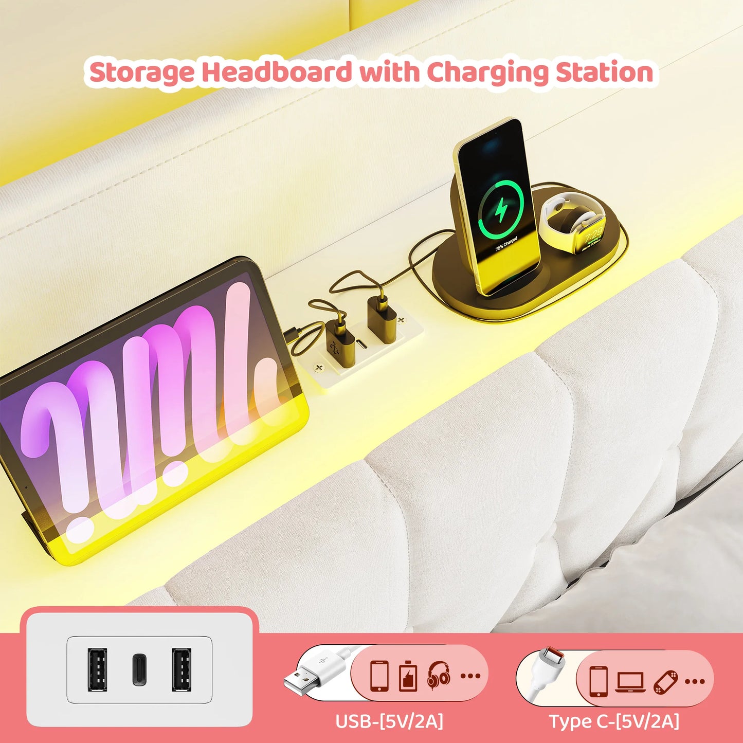 EnHomee Canopy Bed Frame With LED Lights And Charging Station