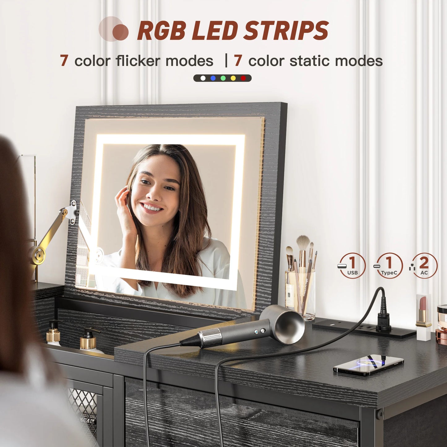 EnHomee 10 Drawer Dresser With Mirror RGB LED Lights USB