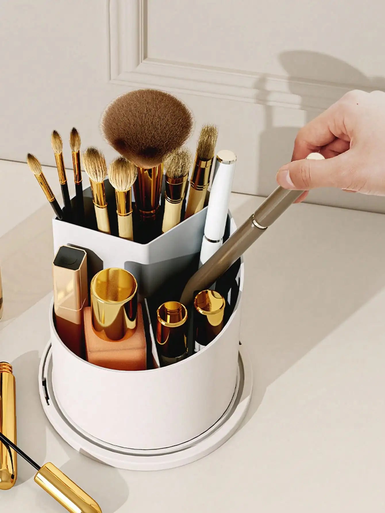 360 Rotatable Sliding Multi Compartment Cosmetic Brush Vanity Storage Box