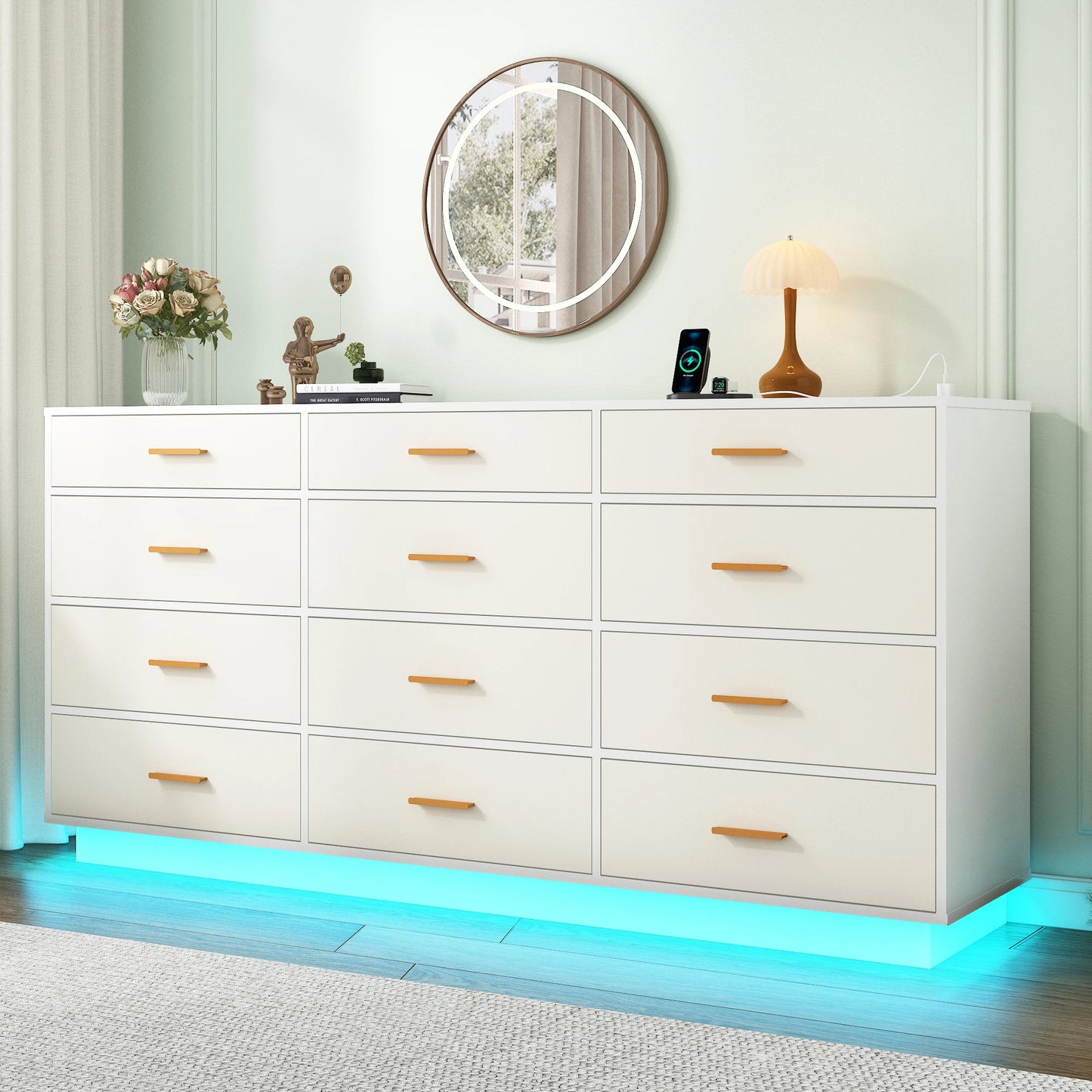 QiaoShiRen Modern Dresser With Power Outlets And LED Lights