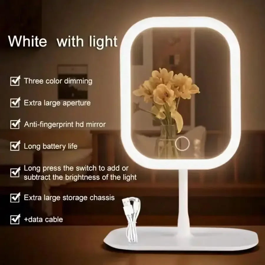 LED Foldable Makeup Mirror With Touch Control And Storage Base