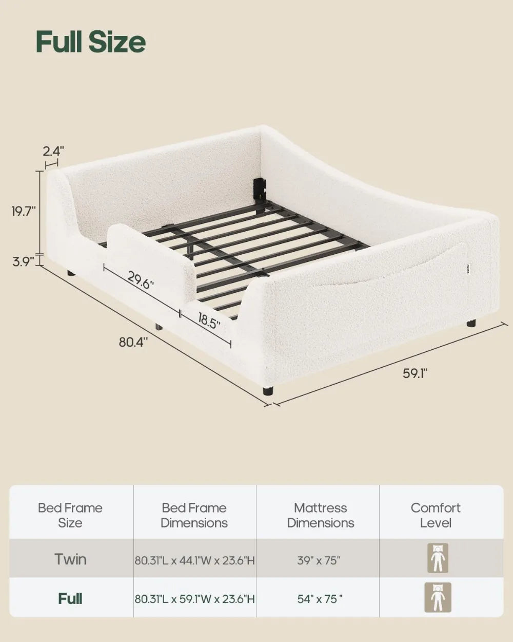 2In1 Convertible Full Floor Bed With High Rails Teddy Boucle