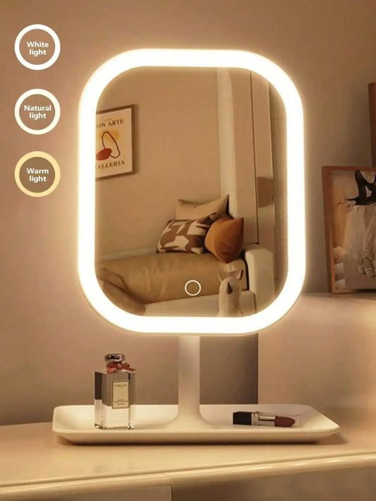 LED Foldable Makeup Mirror With Touch Control And Storage Base