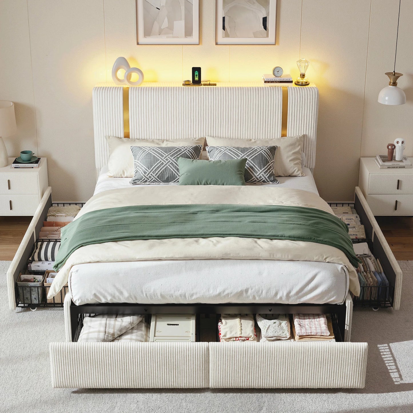 EnHomee Bed Frame 6 Storage Drawers Upholstered Headboard LED Lighting