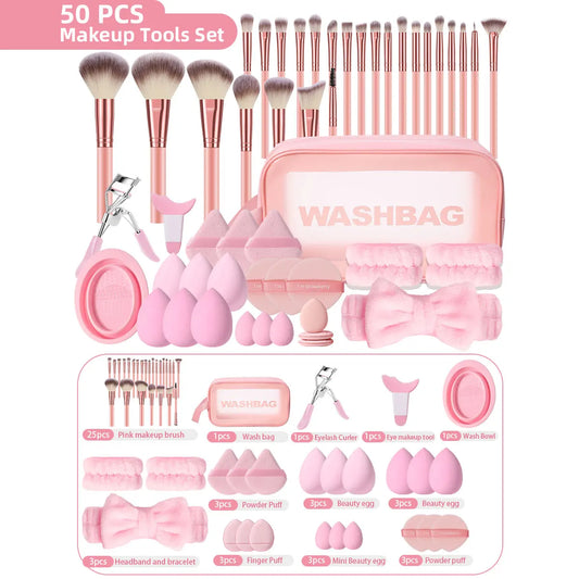 Professional 50 Piece Makeup Brush Collection With Cosmetic Bag Sponges
