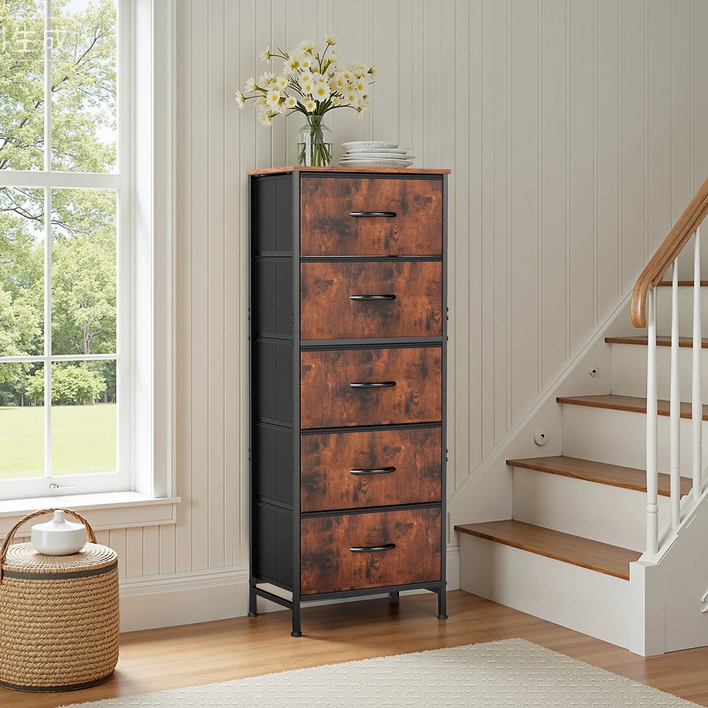 JHK Dresser With Five Fabric Drawers For Bedroom Storage Cabinet
