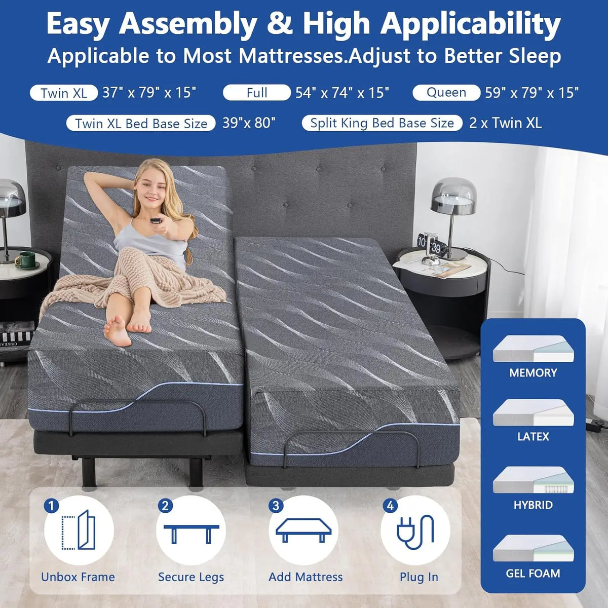 Split King Adjustable Bed Frame With Massage And Gel Memory Foam Mattress