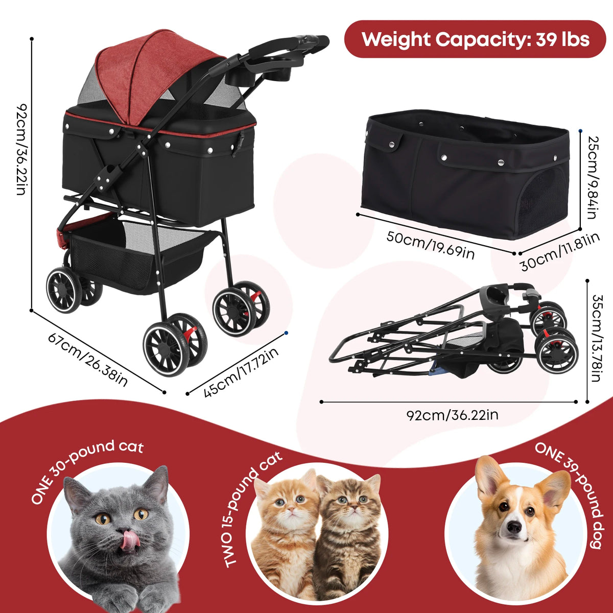 CHIHUAHUA Pet Stroller 3 Wheels For Small Medium Dogs Cats