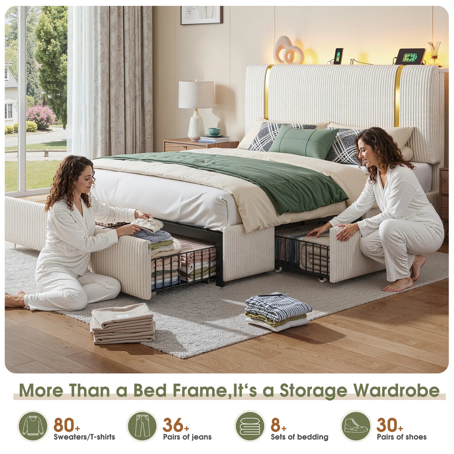 EnHomee Bed Frame 6 Storage Drawers Upholstered Headboard LED Lighting