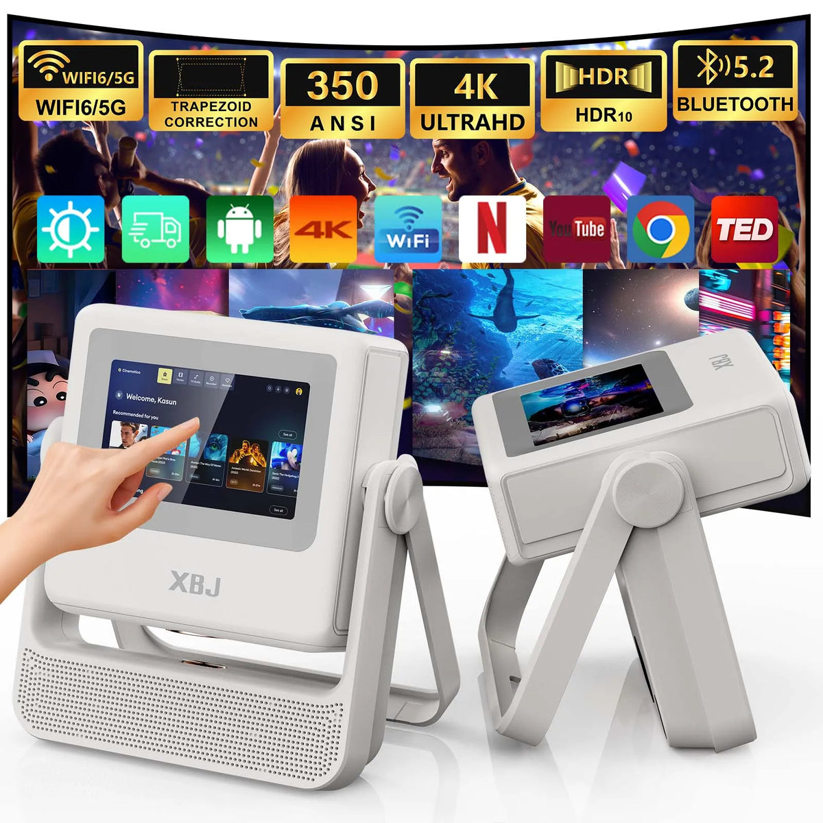 XBJ A5Pro 1080p Smart Projector Screen WiFi BT5 Auto Focus