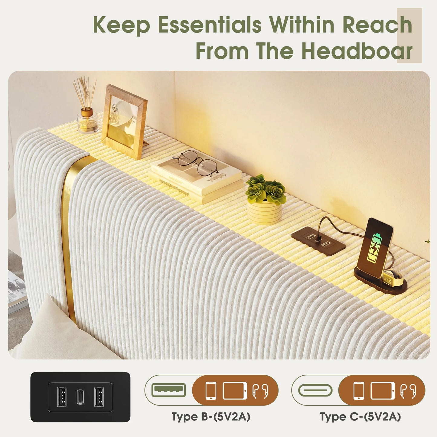 EnHomee Bed Frame 6 Storage Drawers Upholstered Headboard LED Lighting