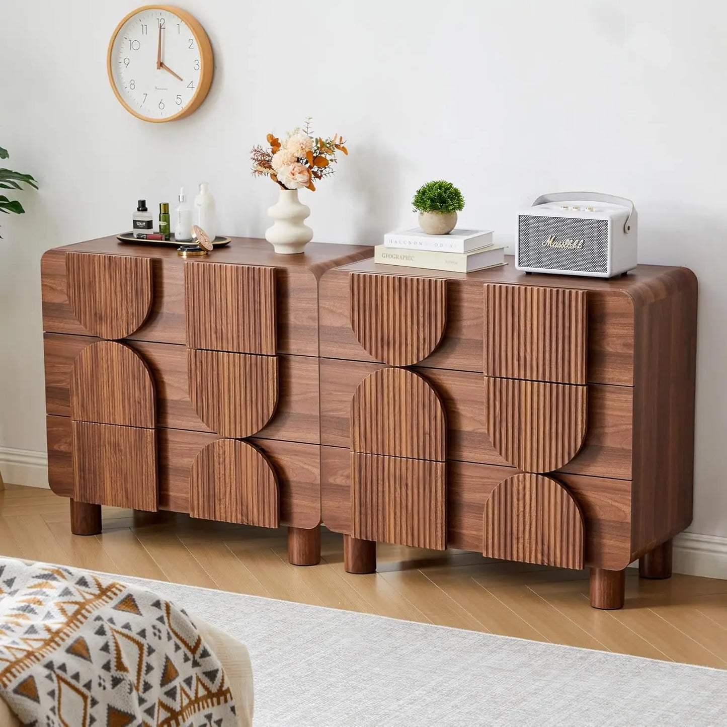 Three Drawer Fluted Dresser Modern Mid Century Wood Chest