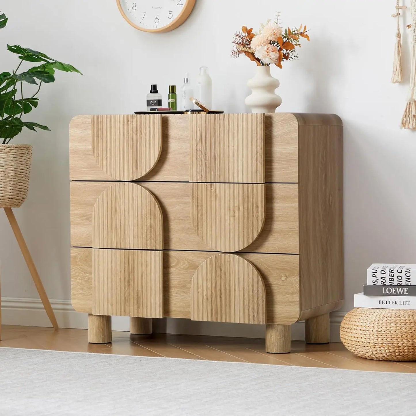 Three Drawer Fluted Dresser Modern Mid Century Wood Chest