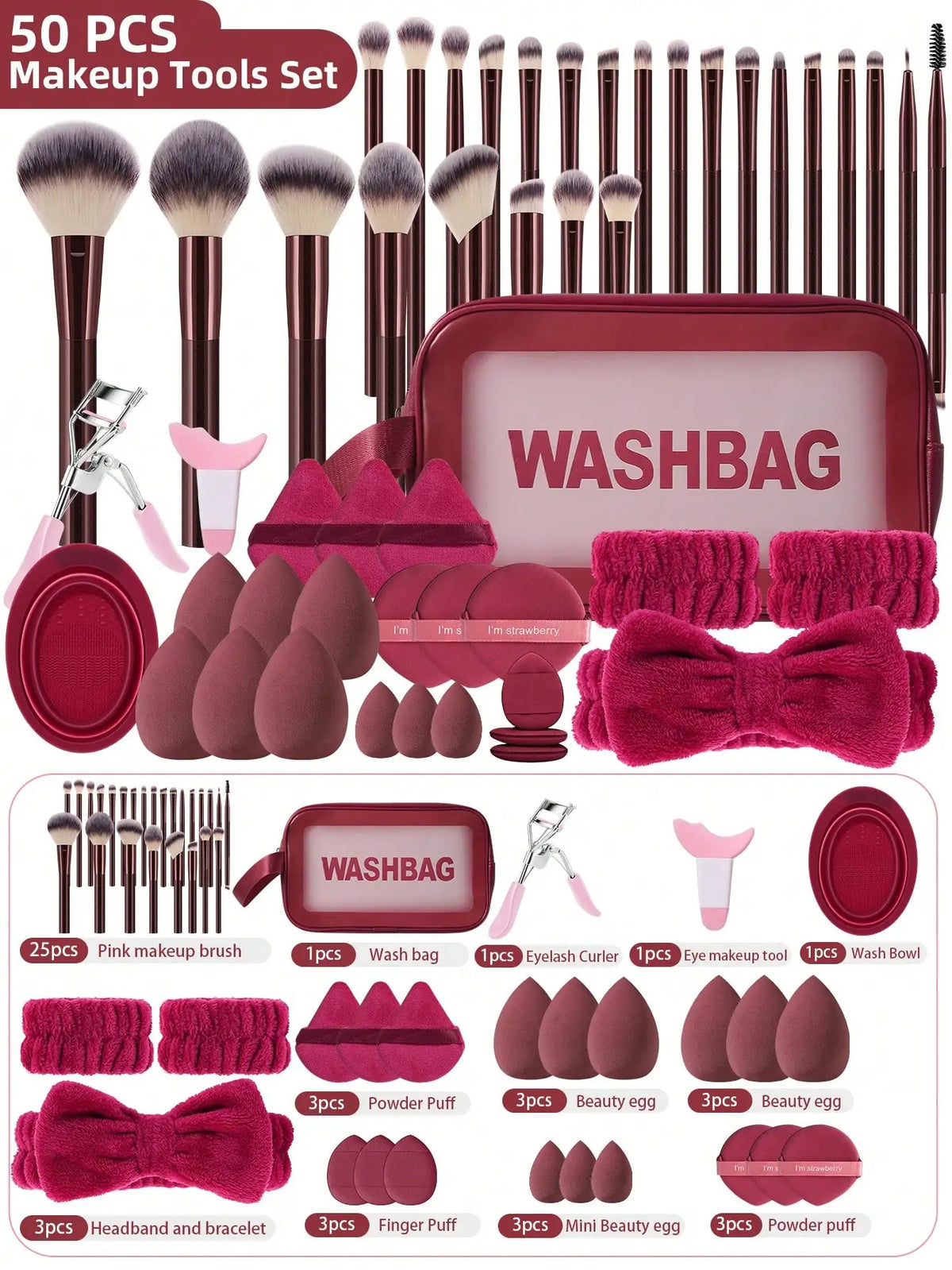 Professional 50 Piece Makeup Brush Collection With Cosmetic Bag Sponges