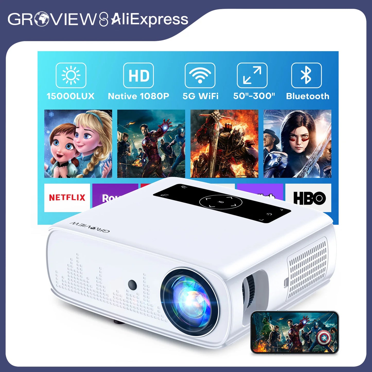 Groview 1080P Projector With WiFi Bluetooth 4K Support HDMI USB