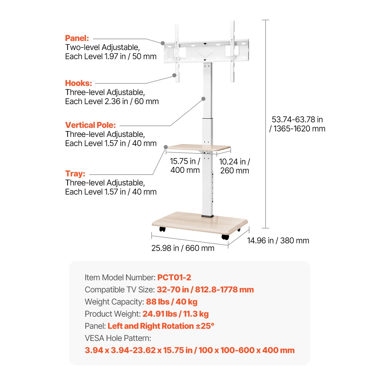 SucceBuy Rolling TV Stand Mobile TV Cart With Height Adjustable Mount
