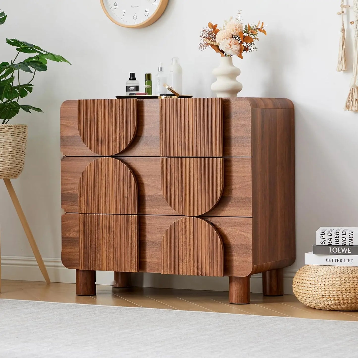 Three Drawer Fluted Dresser Modern Mid Century Wood Chest
